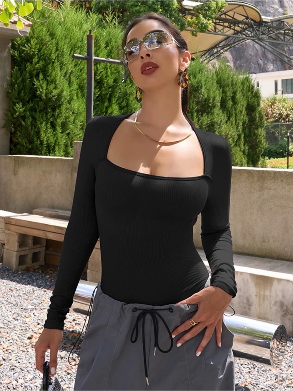OQQ Ribbed Long Sleeve Bodysuit Size Medium Black